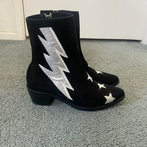 Modern Vice black suede and silver leather lightning bolt boots